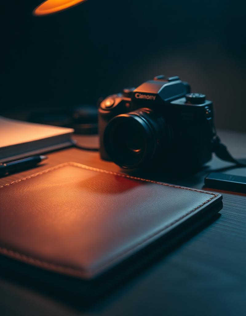 Creator's desk with camera and notebook